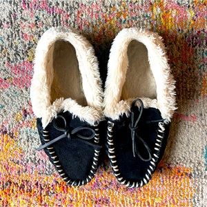 J. Crew Black Suede and Cream Fur Slip-on Loafers, 7